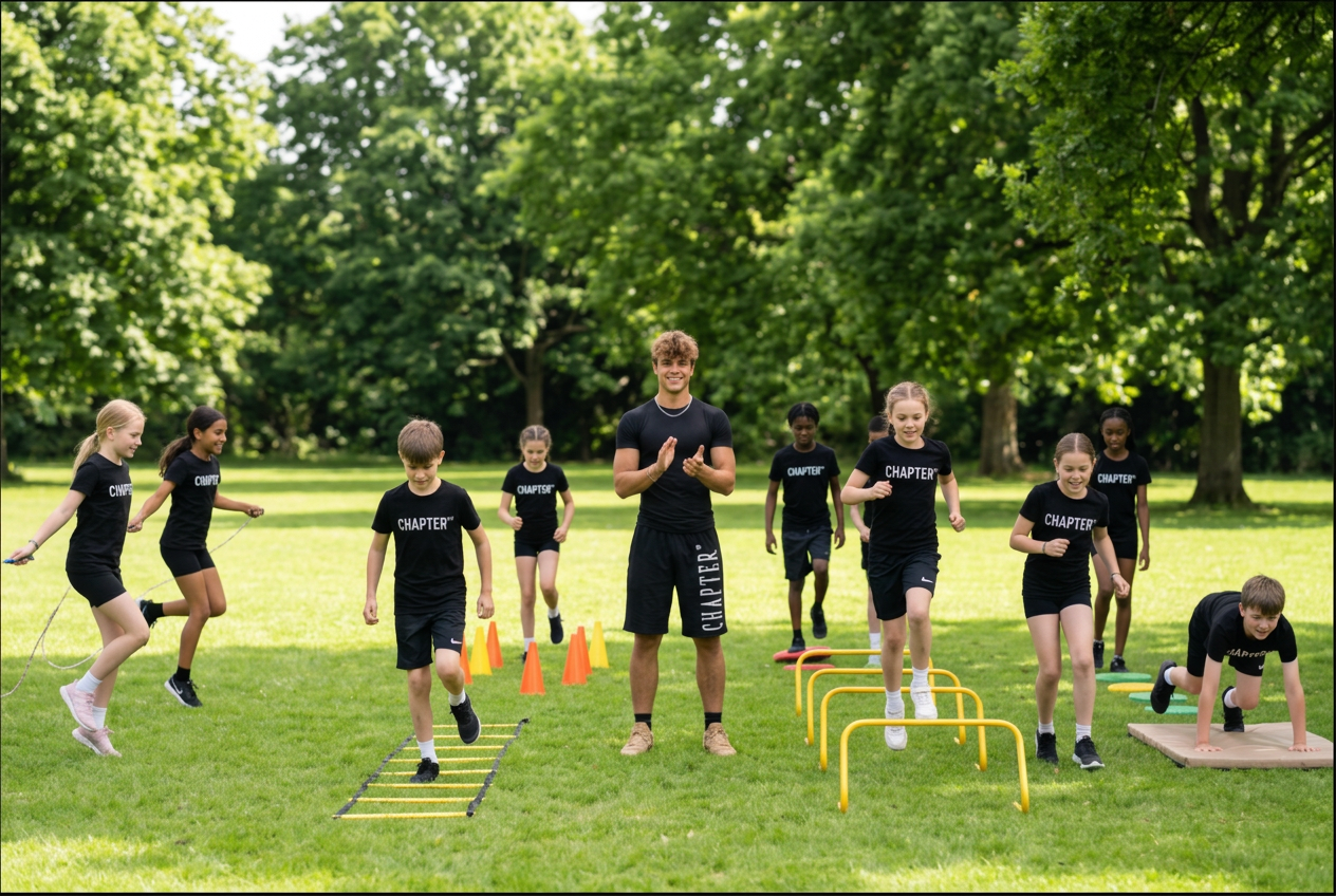 Lucas coaching young people through CHAPTER™ circuit stations in a green park