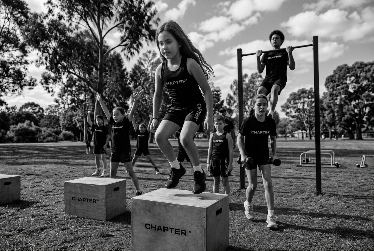 Young people taking part in the original black-and-white CHAPTER™ outdoor circuit session